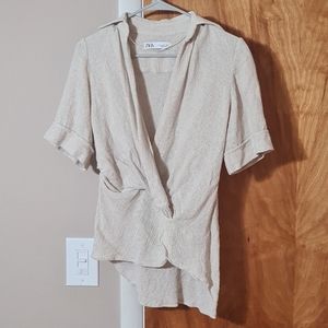 Zara Wrap Top Short Sleeve Small Beige Cute